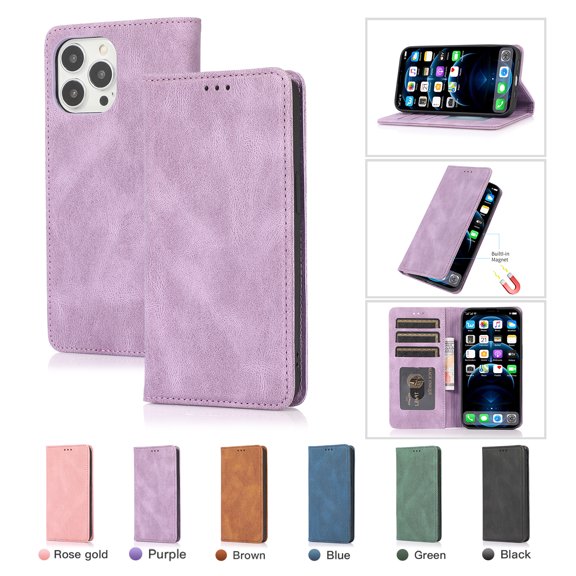 Allytech Magnetic Case for iPhone 15 Pro Max, [3 Card Slots] [1 Cash Slots] Slim PU Leather Shockproof Camera Lens Protection Kickstand Magnetic Closure Luxury Case for Women Men - Purple