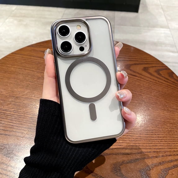 Allytech Magnetic Case for iPhone 15, Slim Lightweight Clear Cover Compatible with MagSafe, Plating Edge Soft TPU + Hard PC Shockproof Back Case for iPhone 15 - Gray