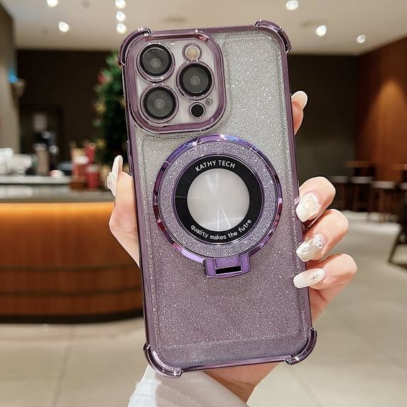 Allytech Magnetic Case for iPhone 16 Pro Max, Stylish Gradient Glitter Bling Case Compatible with MagSafe, Soft TPU Kickstand Lens Protection Slim Lightweight Shockproof Clear Cover Case - Darkpurple