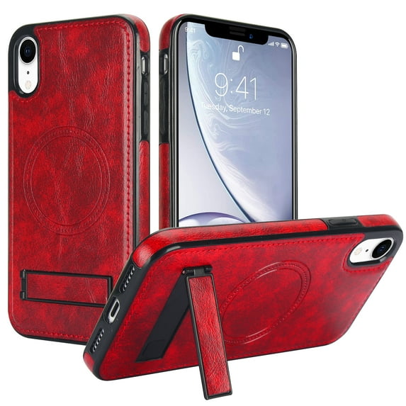 Allytech Magnetic Case for iPhone XR with Foldable Kickstand,【Compatible Magsafe】Ultra Slim Retro PU Leather Camera Screen Protection Shockproof Anti-Drop Back Case for Women Men - Winered