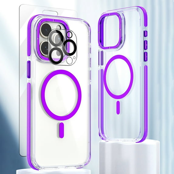 Allytech Magnetic Clear Case for Apple iPhone 14 Pro Max, With 1 Pcs Screen Protector & Camera Lens Protector Anti-Scratch Shockproof Bumper Anti-Yellow Phone Case, Purple