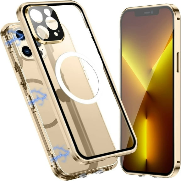 Allytech Magnetic Clear Case for iPhone 13 Pro Max with Screen/Camera Lens Protector, Full Body Protection Compatible with MagSafe Charging Anti-Scratch Case for iPhone 13 Pro Max 2021, Gold