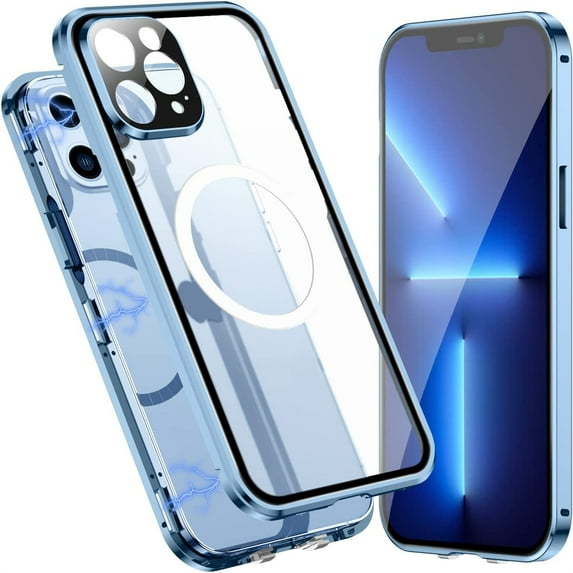 Allytech Magnetic Clear Case for iPhone 13 Pro Max with Screen/Camera Lens Protector, Full Body Protection Compatible with MagSafe Charging Anti-Scratch Case for iPhone 13 Pro Max 2021, Blue