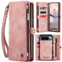 Allytech Magnetic Detachable Wallet Case for Google Pixel 10 /10 Pro with Card Slots & Zipper Pocket, Support Wireless Charging, PU Leather Wrist Strap Shockproof Full Protection Flip Case, Pink