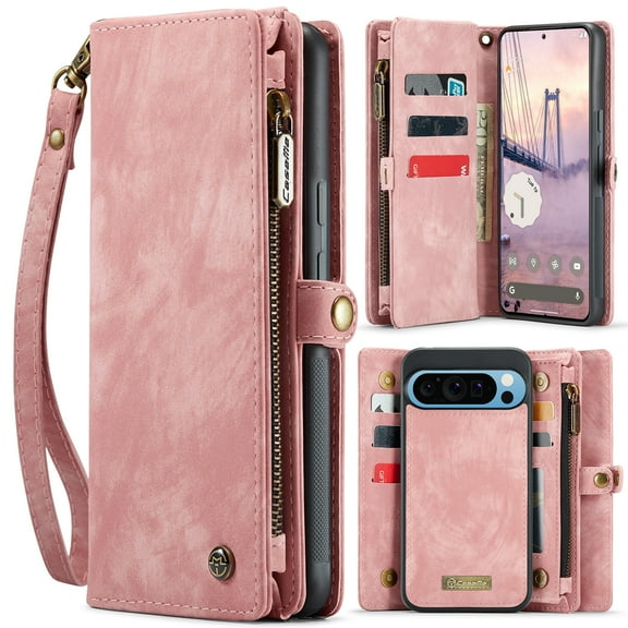 Allytech Magnetic Detachable Wallet Case for Google Pixel 10 Pro XL with Card Slots & Zipper Pocket, Support Wireless Charging, PU Leather Wrist Strap Shockproof Full Protection Flip Case, Pink