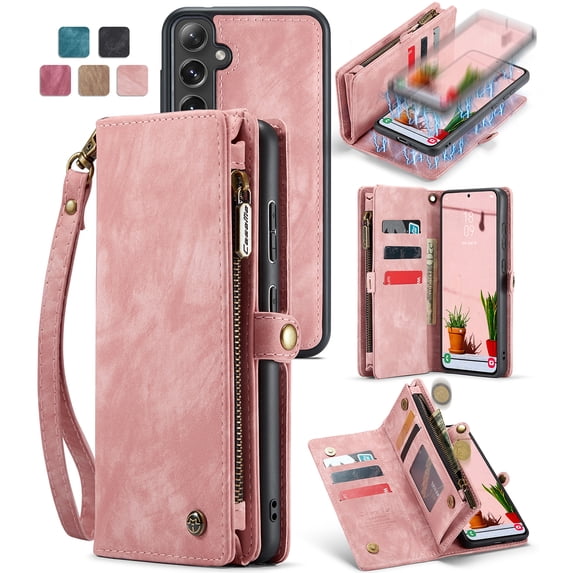Allytech Magnetic Detachable Wallet Case for Samsung Galaxy A36 5G with Card Slots & Zipper Pocket, Support Wireless Charging, PU Leather Wrist Strap Shockproof Full Protection Flip Case, Pink