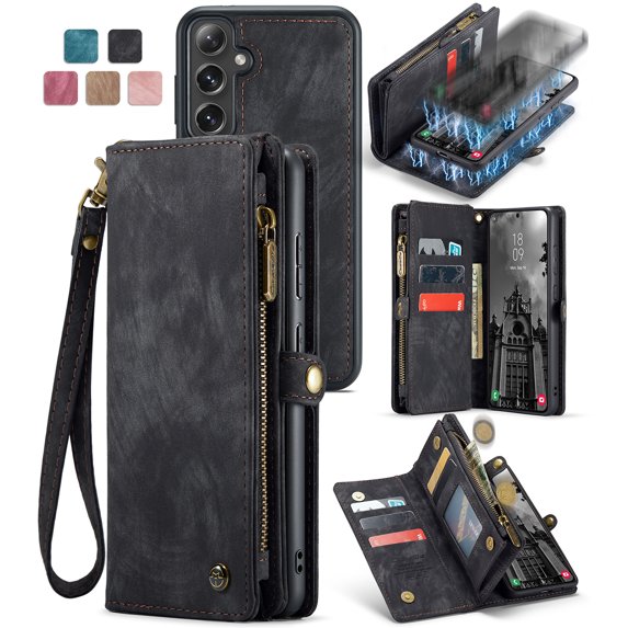 Allytech Magnetic Detachable Wallet Case for Samsung Galaxy A54 5G with Card Slots & Zipper Pocket, Support Wireless Charging, PU Leather Wrist Strap Shockproof Full Protection Flip Case, Black