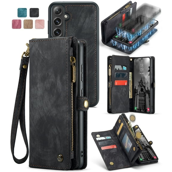 Allytech Magnetic Detachable Wallet Case for Samsung Galaxy S10+ with Card Slots & Zipper Pocket, Support Wireless Charging, PU Leather Wrist Strap Shockproof Full Protection Flip Case, Black