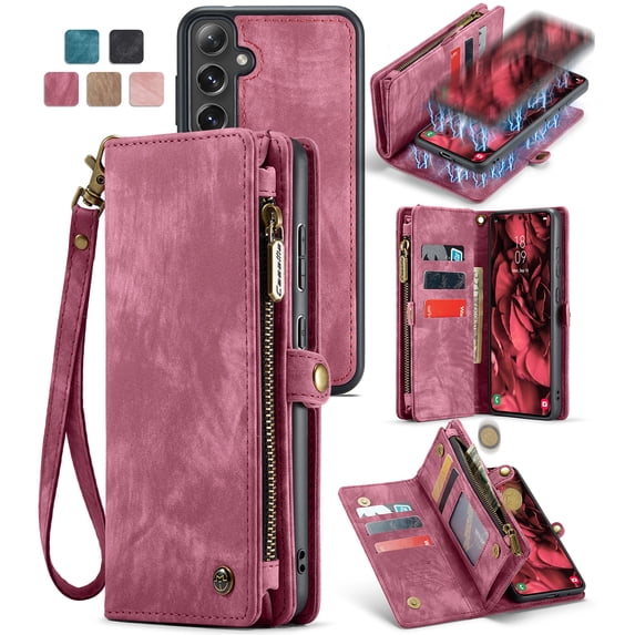 Allytech Magnetic Detachable Wallet Case for Samsung Galaxy S24 Plus with Card Slots & Zipper Pocket, Support Wireless Charging, PU Leather Wrist Strap Shockproof Full Protection Flip Case, Red