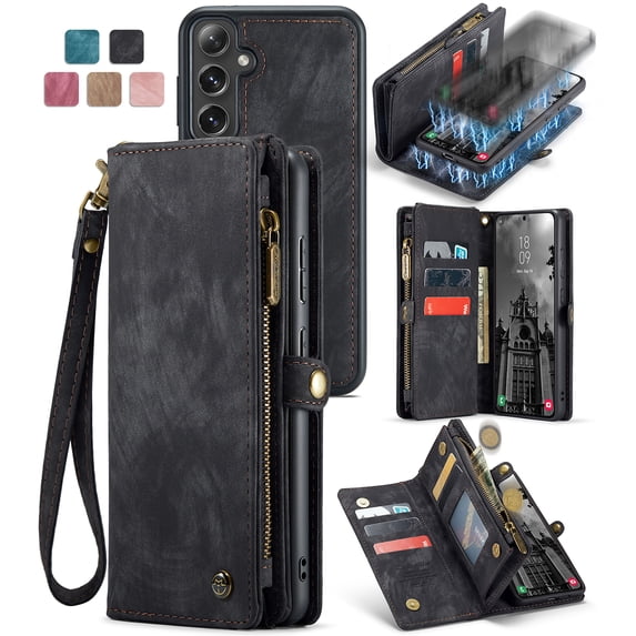 Allytech Magnetic Detachable Wallet Case for Samsung Galaxy S24 Plus with Card Slots & Zipper Pocket, Support Wireless Charging, PU Leather Wrist Strap Shockproof Full Protection Flip Case, Black