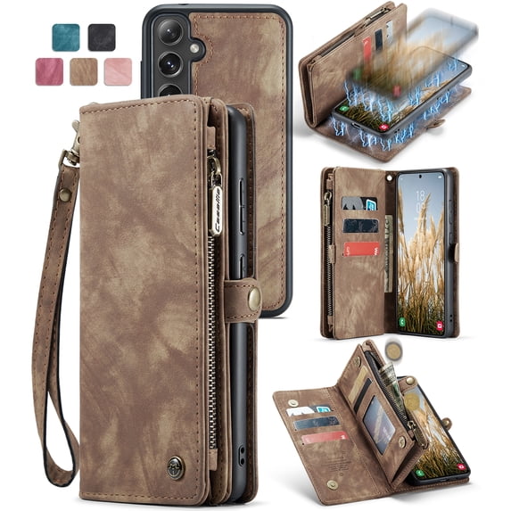 Allytech Magnetic Detachable Wallet Case for Samsung Galaxy S24 Plus with Card Slots & Zipper Pocket, Support Wireless Charging, PU Leather Wrist Strap Shockproof Full Protection Flip Case, Darkbrown