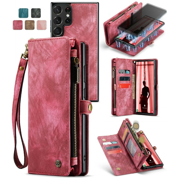 Allytech Magnetic Detachable Wallet Case for Samsung Galaxy S24 Ultra with Card Slots & Zipper Pocket, Support Wireless Charging, PU Leather Wrist Strap Shockproof Full Protection Flip Case, Red