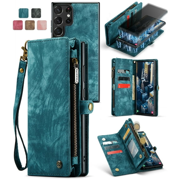 Allytech Magnetic Detachable Wallet Case for Samsung Galaxy S24 Ultra with Card Slots & Zipper Pocket, Support Wireless Charging, PU Leather Wrist Strap Shockproof Full Protection Flip Case, Green