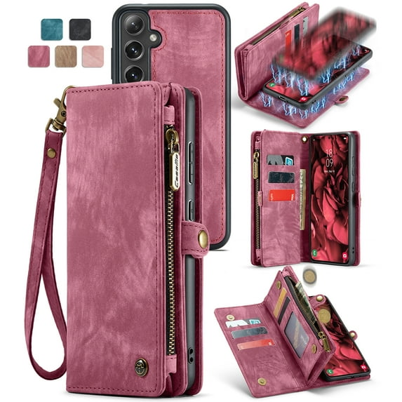 Allytech Magnetic Detachable Wallet Case for Samsung Galaxy S25 Edge with Card Slots & Zipper Pocket, Support Wireless Charging, PU Leather Wrist Strap Shockproof Full Protection Flip Case, Red