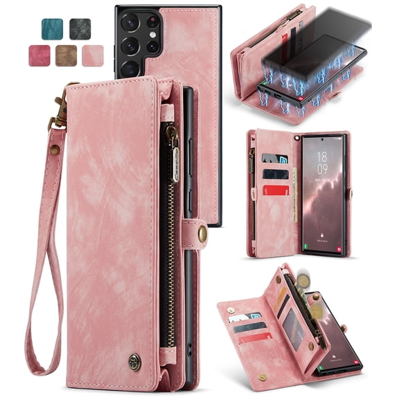 Allytech Magnetic Detachable Wallet Case for Samsung Galaxy S25 Ultra with Card Slots & Zipper Pocket, Support Wireless Charging, PU Leather Wrist Strap Shockproof Full Protection Flip Case, Pink