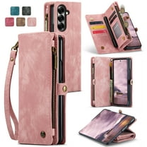 Allytech Magnetic Detachable Wallet Case for Samsung Galaxy Z Fold 7 with Card Slots & Zipper Pocket, Support Wireless Charging, PU Leather Wrist Strap Shockproof Full Protection Flip Case, Pink