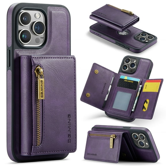 Allytech Magnetic Detachable Wallet Case for iPhone 16 Pro Max, [Support Wireless Charging] Luxury PU Leather Slim Cover with Card Slots & Kickstand, RFID Blocking Shockproof Case, Purple