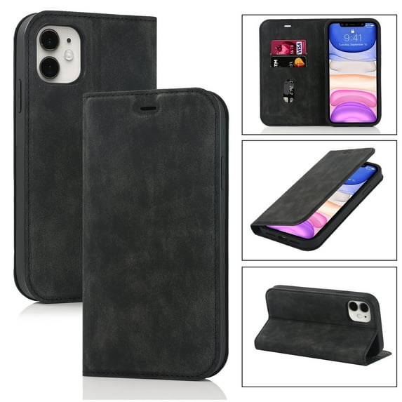 Allytech Magnetic Flip Folio Case for Apple iPhone 11 6.1 inch,Plain Leather RFID Blocking Card Slots Wallet Kickstand Phone Cover,Black