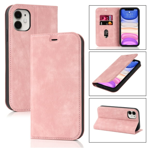 Allytech Magnetic Flip Folio Case for Apple iPhone 11 6.1 inch,Plain Leather RFID Blocking Card Slots Wallet Kickstand Phone Cover,Pink