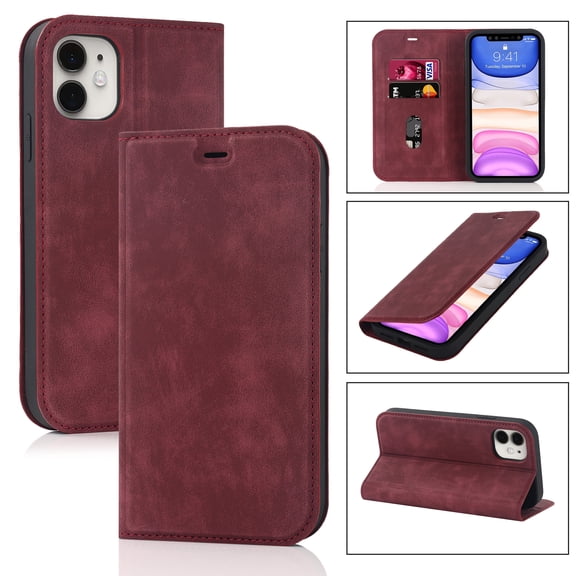 Allytech Magnetic Flip Folio Case for Apple iPhone 11 6.1 inch,Plain Leather RFID Blocking Card Slots Wallet Kickstand Phone Cover,Red