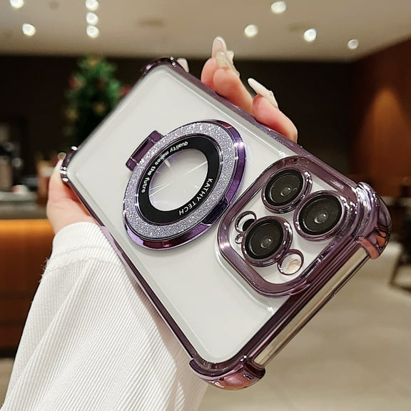 Allytech Magnetic Glitter Case for Apple iPhone 14 Pro Max, Clear Back Cover with Ring Holder Compatible with Magsafe Wireless Charging Anti-Yellow Shockproof Case for iPhone 14 Pro Max - Darkpurple