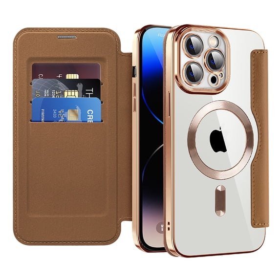 Allytech Magnetic Wallet Case for Apple iPhone 16 Pro Max, RFID Blocking PU Leather Clear Back Cover Compatible with Magsafe Wireless Charging Anti-Scratch Phone Case for iPhone 16 Pro Max, Brown
