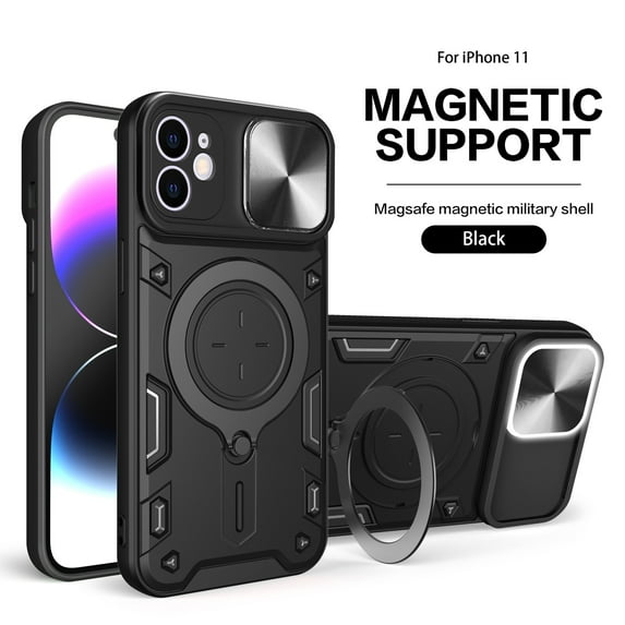 Allytech Mangetic Case for Apple iPhone 12, Ring Holder Kickstand Sliding Camera Lens Protector Rugged Hybrid Shoockproof Compatible Magsafe Wireless Charging Support Phone Case - Black
