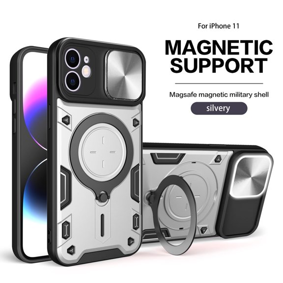 Allytech Mangetic Case for Apple iPhone 15 Plus, Ring Holder Kickstand Sliding Camera Lens Protector Rugged Hybrid Shoockproof Compatible Magsafe Wireless Charging Support Phone Case - Silver