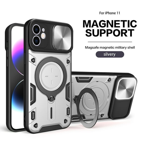 Allytech Mangetic Case for Apple iPhone 15 Pro Max, Ring Holder Kickstand Sliding Camera Lens Protector Rugged Hybrid Shoockproof Compatible Magsafe Wireless Charging Support Phone Case - Silver