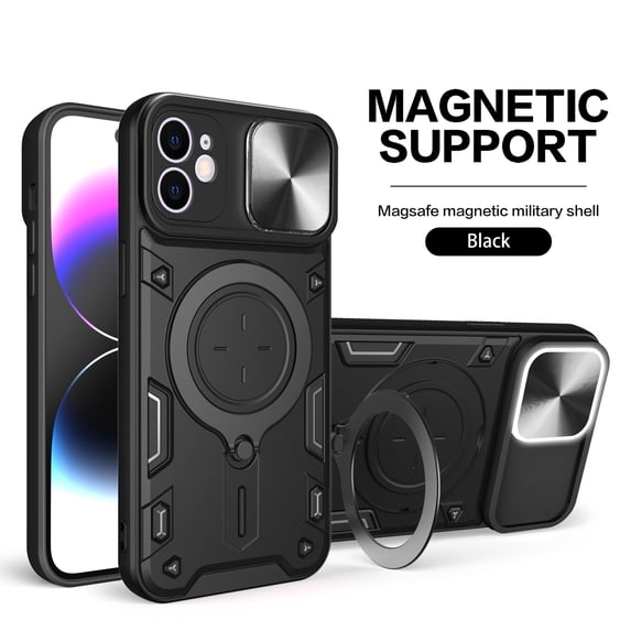 Allytech Mangetic Case for Apple iPhone 16 Plus, Ring Holder Kickstand Sliding Camera Lens Protector Rugged Hybrid Shoockproof Compatible Magsafe Wireless Charging Support Phone Case - Black
