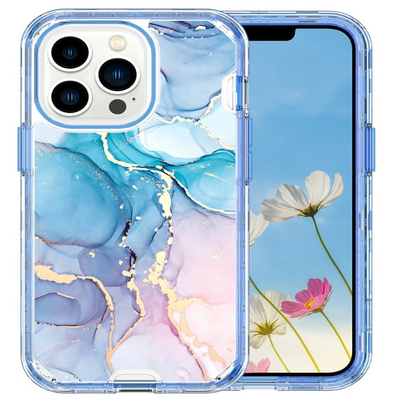 Allytech Marble Case for Apple iPhone 13 Pro 6.1" - Military Grade Protective Shockproof Anti-scratch Fashion Marble Design Cover Case for Women Girls - Blue Pink Marble