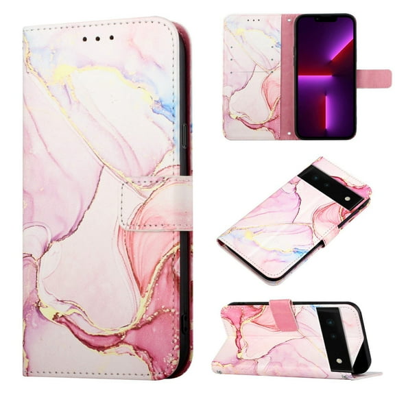 Allytech Marble Case for Google Pixel 6, Slim Fit Stylish Marble Case for Girls Women Kickstand Shockproof Drop Protective Cards Slots Hand Wrist Wallet Case Cover for Google Pixel 6 - Pink Gold