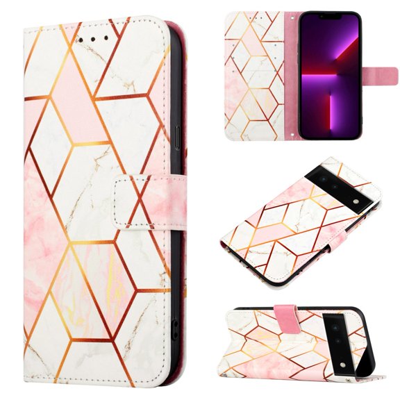Allytech Marble Case for Google Pixel 7 Pro, Stylish Marble Case for Girls Women Kickstand Shockproof Drop Protective Cards Slots Hand Wrist Wallet Case Cover for Google Pixel 7 Pro - Grid Marble