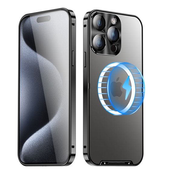 Allytech Metal Plating case for iPhone 16 Pro, Luxury Ultra Thin Compatible with Magsafe Wireless Charging Camera Lens Protection Anti-Drop Frosted Back Panel Cover for iPhone 16 Pro, Black