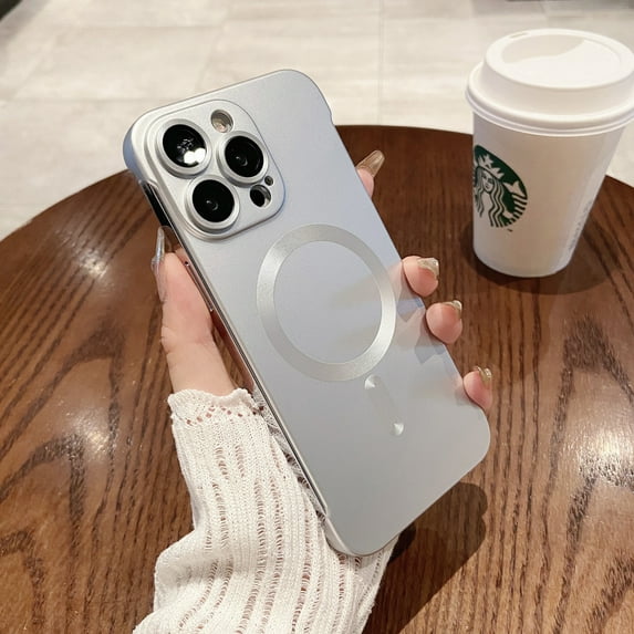 Allytech Metallic Paint Frameless Magnetic Phone Case for iPhone 15 Pro Max, Compatible with MagSafe Suppor Wireless Charging Ultra Thin Lightweight Shockproof Matte Hard PC Bezel-Less Cover, Silver