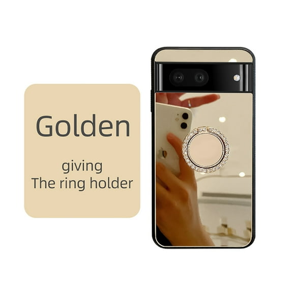Allytech Mirror Case for Google Pixel 8A for Girls Women Makeup, Bling Rhinestone Ring Holder Finger Grip Kickstand Cover, Full Body Protection Precise Cutouts Shockproof Case - Gold
