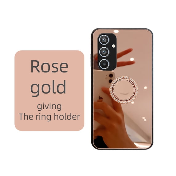 Allytech Mirror Case for Samsung Galaxy A14 5G for Girls Women Makeup, Bling Rhinestone Ring Holder Finger Grip Kickstand Cover, Full Body Protection Precise Cutouts Shockproof Case - Rosegold