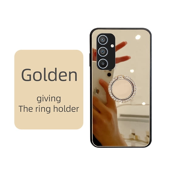 Allytech Mirror Case for Samsung Galaxy A14 5G for Girls Women Makeup, Bling Rhinestone Ring Holder Finger Grip Kickstand Cover, Full Body Protection Precise Cutouts Shockproof Case - Gold