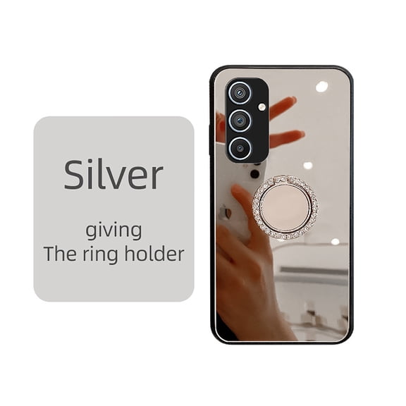 Allytech Mirror Case for Samsung Galaxy A25 5G for Girls Women Makeup, Bling Rhinestone Ring Holder Finger Grip Kickstand Cover, Full Body Protection Precise Cutouts Shockproof Case - Silver