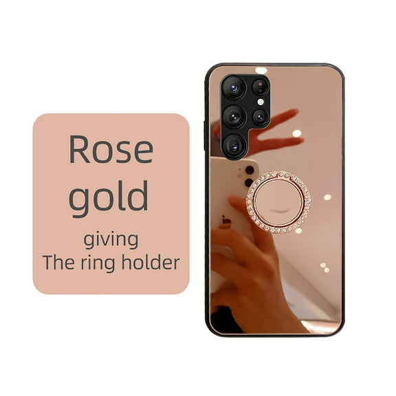 Allytech Mirror Case for Samsung Galaxy S23 Ultra for Girls Women Makeup, Bling Rhinestone Ring Holder Finger Grip Kickstand Cover, Full Body Protection Precise Cutouts Shockproof Case - Rosegold