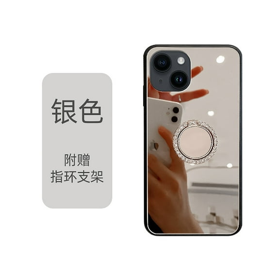 Allytech Mirror Case for iPhone 14 for Girls Women Makeup, Bling Rhinestone Ring Holder Finger Grip Kickstand Cover, Full Body Protection Precise Cutouts Shockproof Case - Silver