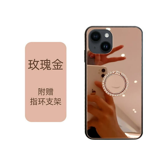 Allytech Mirror Case for iPhone 14 Plus for Girls Women Makeup, Bling Rhinestone Ring Holder Finger Grip Kickstand Cover, Full Body Protection Precise Cutouts Shockproof Case - Rosegold