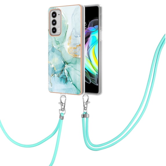 Allytech Moto Edge 20 Case, Luxury Marble Pattern Rubber TPU Shoulder Strap Lanyard Drop Protection Anti-scratch Shock-absorbing Back Cover Case for Motorola Moto Edge 20, Green