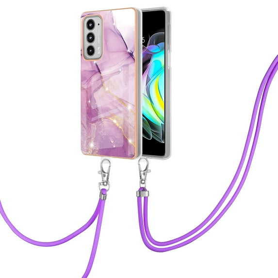 Allytech Moto Edge 20 Case, Luxury Marble Pattern Rubber TPU Shoulder Strap Lanyard Drop Protection Anti-scratch Shock-absorbing Back Cover Case for Motorola Moto Edge 20, Lightpurple