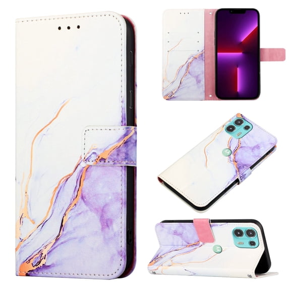 Allytech Moto Edge 20 Lite Case Wallet,Stylish Marble Folding Kickstand Full Body Protection Shockproof Cards Pocket Wrist Strap Wallet Cover for Motorola Moto Edge 20 Lite - White Purple