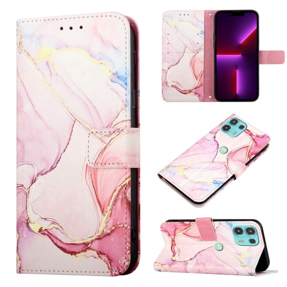Allytech Moto Edge 20 Lite Case Wallet,Stylish Marble Folding Kickstand Full Body Protection Shockproof Cards Pocket Wrist Strap Wallet Cover for Motorola Moto Edge 20 Lite - Pink Gold