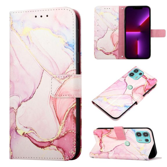 Allytech Moto Edge 20 Lite Case Wallet,Stylish Marble Folding Kickstand Full Body Protection Shockproof Cards Pocket Wrist Strap Wallet Cover for Motorola Moto Edge 20 Lite - Pink Gold
