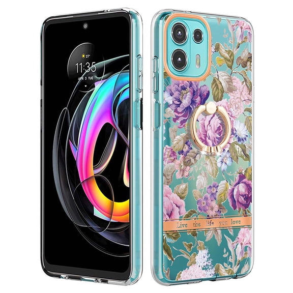 Allytech for Moto Edge 20 Lite/ Moto Edge 20 Fusion Case with Ring Holder Stand, Slim Shell Floral Series Bumper Anti-Scratch Shockproof Lightweight Phone Case Cover for Girls Women, Rose
