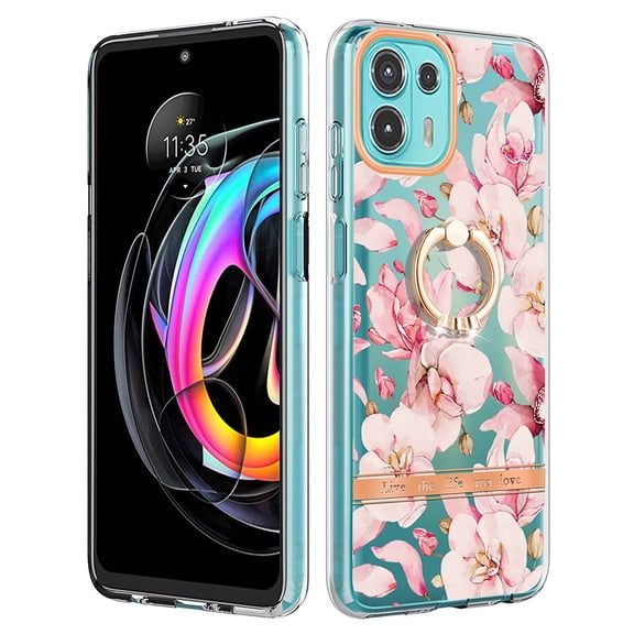 Allytech for Moto Edge 20 Lite/ Moto Edge 20 Fusion Case with Ring Holder Stand, Slim Shell Floral Series Bumper Anti-Scratch Shockproof Lightweight Phone Case Cover for Girls Women, Pink Flower