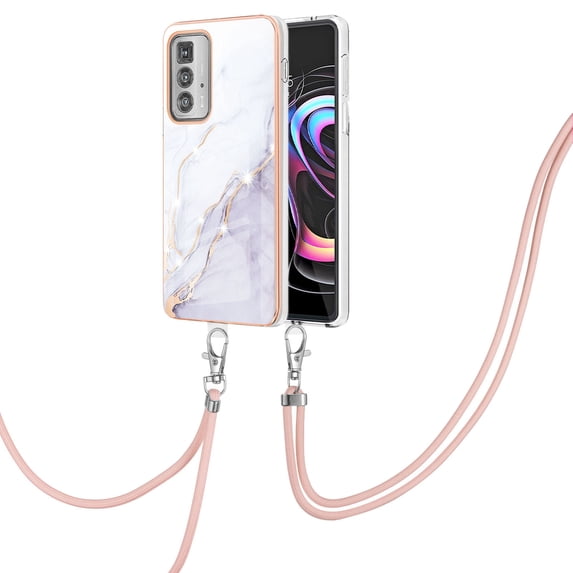 Allytech Moto Edge 20 Pro Case, Luxury Marble Pattern Rubber TPU Shoulder Strap Lanyard Drop Protection Anti-scratch Shock-absorbing Back Cover Case for Motorola Moto Edge 20 Pro, White